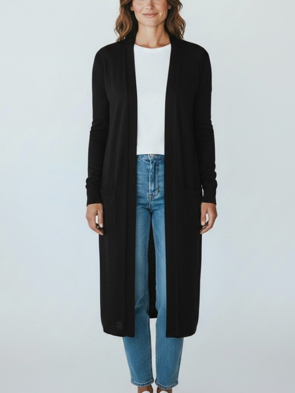 Magaschoni Black Maxi Duster Cardigan Longline Rayon Blend Open Front Sweater XL